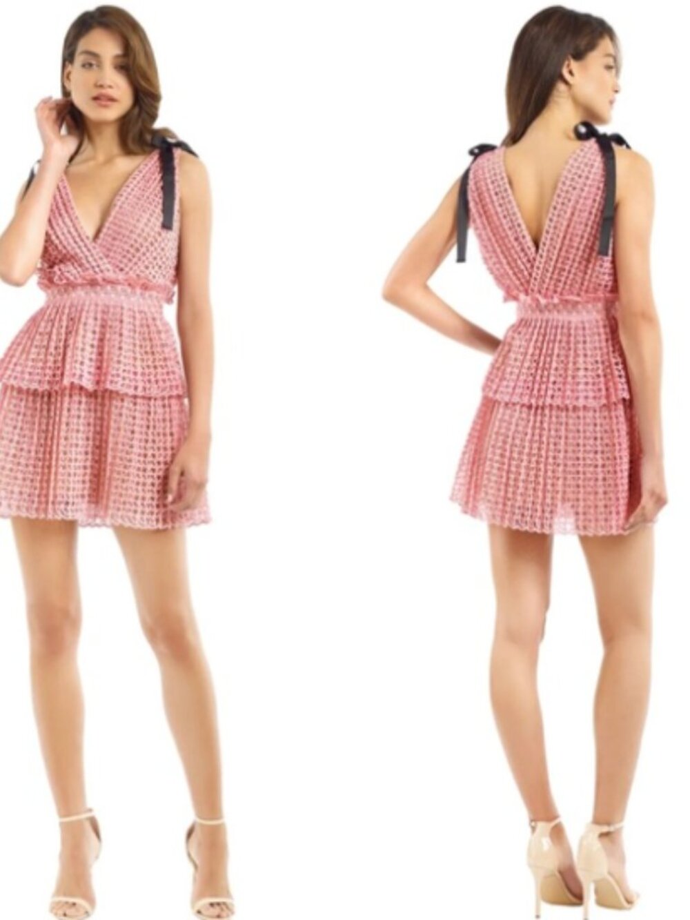 Self-Portrait Pink Organza Cutwork Lace Bow Mini Dress Size 8
